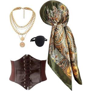 Pirate Accessories Set – 4pcs Pirate Costume Kit with Corset, Scarf, Eye Patch